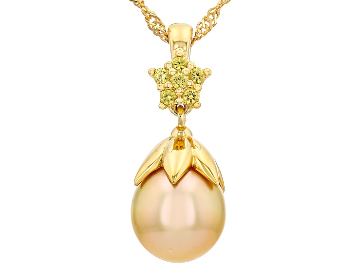 Golden Cultured South Sea Pearl with Yellow Sapphire 18K Yellow Gold Over Silver Pendant 0.22ctw