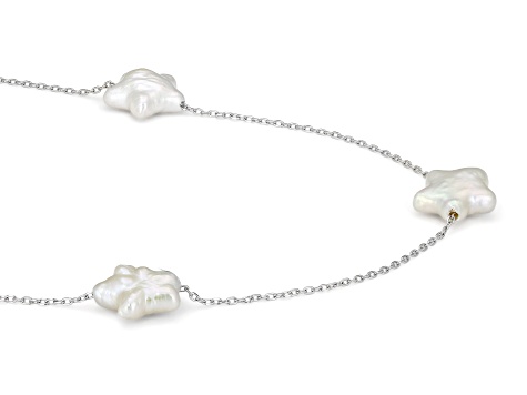 White Cultured Freshwater Pearl Rhodium Over Sterling Silver 18 Inch Station Necklace