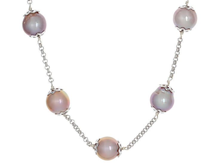 Multi-Color Cultured Kasumiga Pearl Rhodium Over Sterling Silver 18 Inch Station Necklace