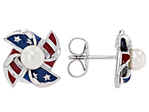 White Cultured Freshwater Pearl & Enamel Rhodium Plated Pinwheel Earrings