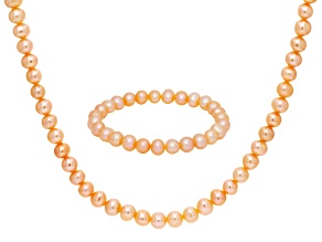 Peach Cultured Freshwater Pearl 30" Endless Strand Necklace and Stretch Bracelet Set