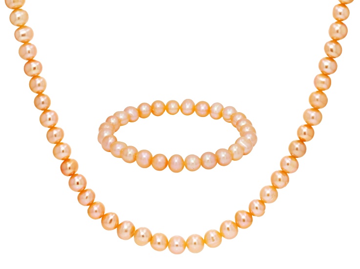 Peach Cultured Freshwater Pearl 30" Endless Strand Necklace and Stretch Bracelet Set