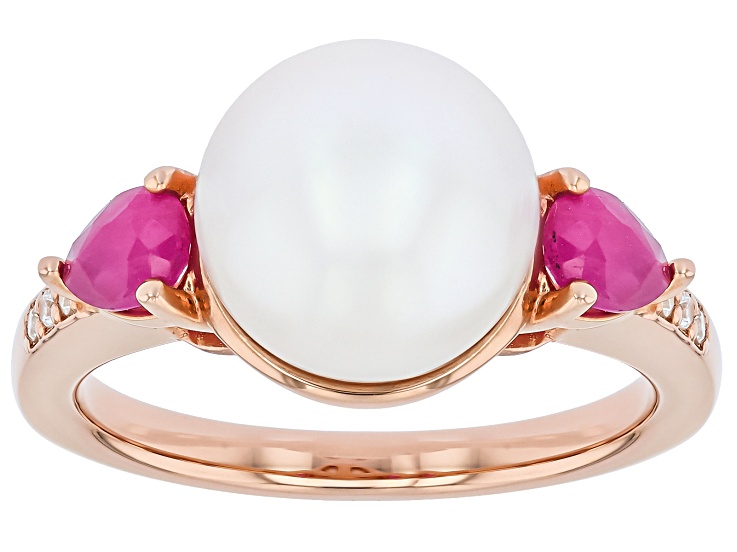White Cultured Freshwater Pearl With John Saul Ruby & Zircon 18K Rose Gold Over Silver Ring