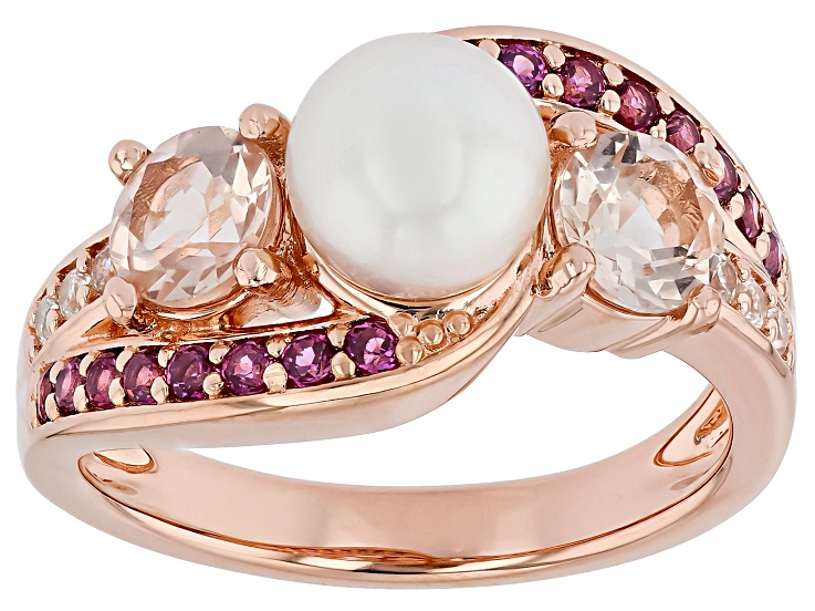 White Cultured Japanese Akoya Pearl With Multi Gemstone 18K Rose