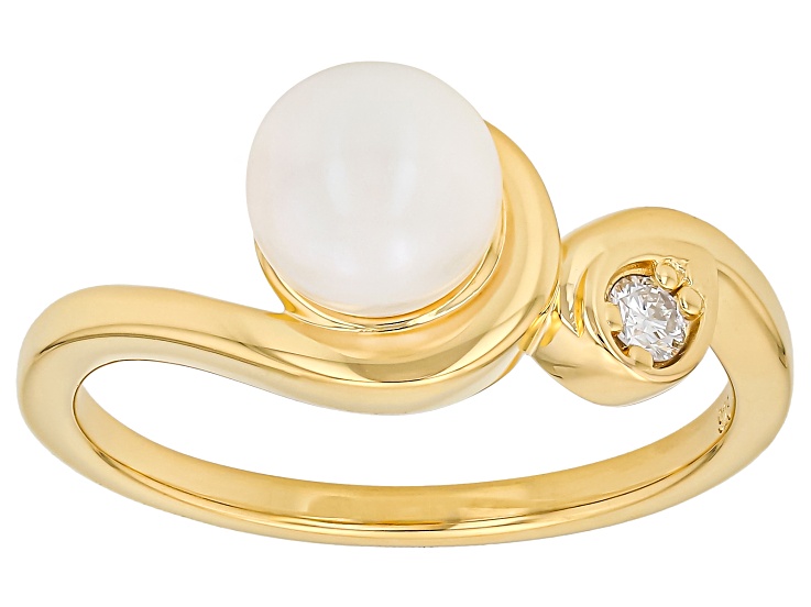 White Cultured Japanese Akoya Pearl With White Lab Grown Diamond 18K Yellow Gold Over Silver Ring