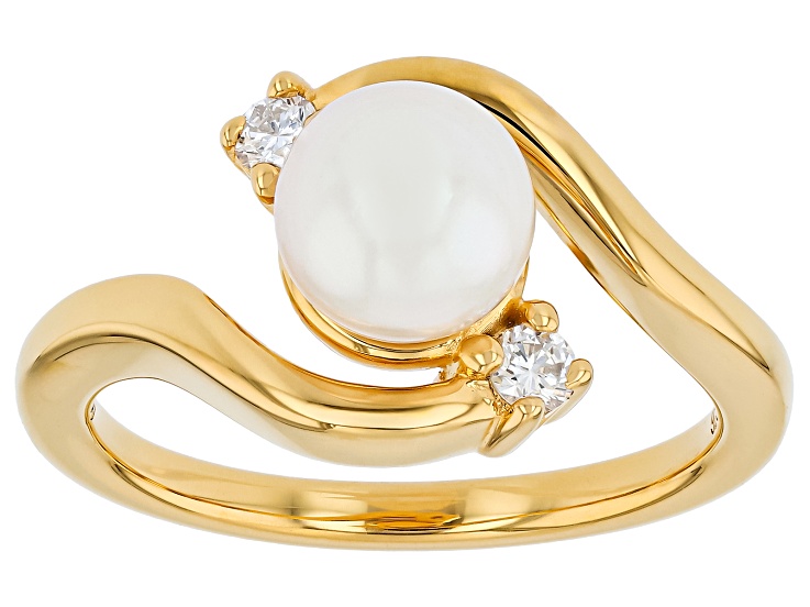 White Cultured Japanese Akoya Pearl With Lab Grown Diamond 18K Yellow Gold Over Silver Ring 0.15ctw