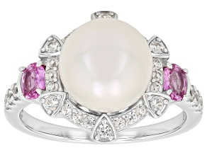 White Cultured Freshwater Pearl with Sapphire and Whie Zircon Rhodium Over Silver Ring 0.99ctw