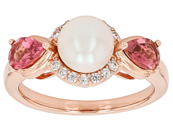 White Cultured Akoya Pearl with Tourmaline and Zircon 18k Rose Gold Over Silver Ring 0.80ctw