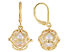 White Cultured Freshwater Pearl 18K Yellow Gold Over Sterling Silver Earrings