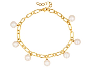 White Cultured Freshwater Pearl 18K Yellow Gold Over Sterling Silver 7.25 Inch Bracelet
