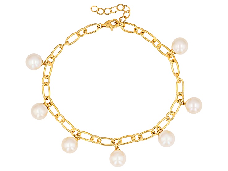 White Cultured Freshwater Pearl 18K Yellow Gold Over Sterling Silver 7.25 Inch Bracelet