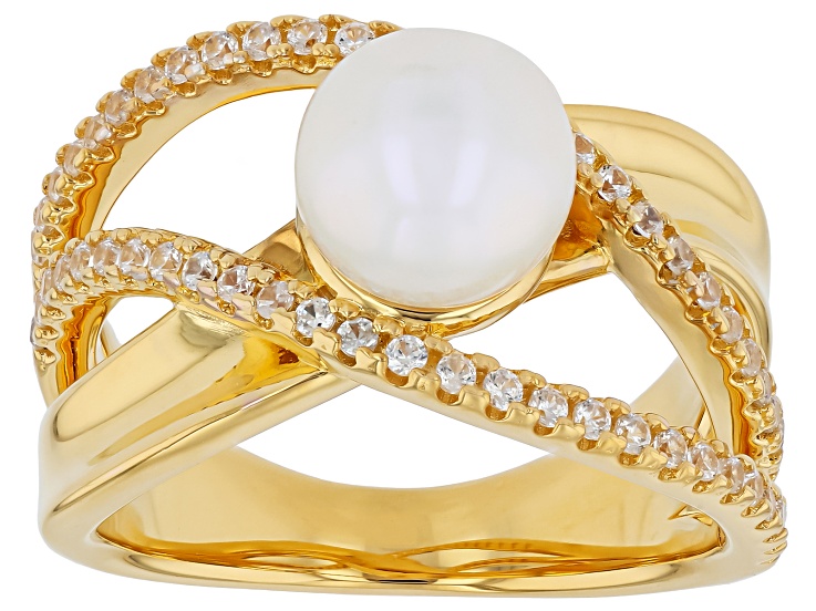 White Cultured Freshwater Pearl with Round White Zircon 18K Yellow Gold Over Silver Ring 0.42ctw