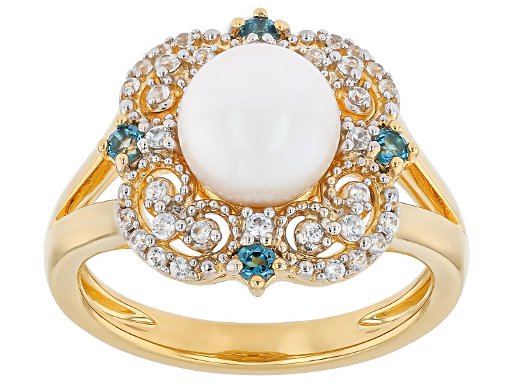 White Cultured Freshwater Pearl with London Blue Topaz and White Zircon Two Tone Ring 0.37ctw
