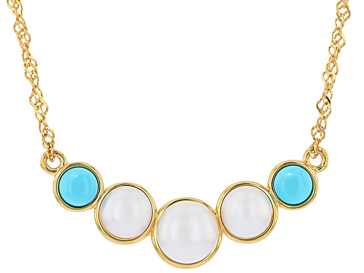 White Cultured Freshwater Pearl with Sleeping Beauty Turquoise 18k Yellow Gold Over Silver Necklace