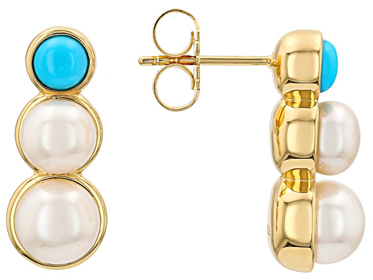 White Cultured Freshwater Pearl with Sleeping Beauty Turquoise 18k Yellow Gold Over Silver Earrings