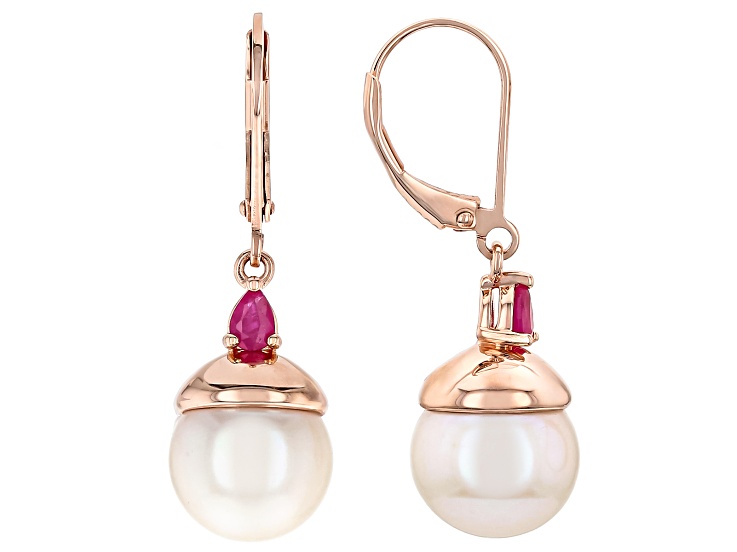 Pink Cultured Freshwater Pearl with John Saul Ruby 18K Rose Gold Over Silver Earrings 0.47ctw