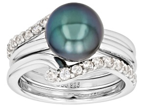 Cultured Tahitian Pearl With White Zircon Rhodium Over Sterling Silver Ring 0.60ctw