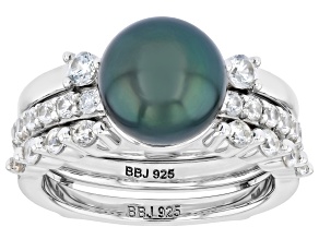 Black Cultured Tahitian Pearl With White Zircon Rhodium Over Sterling Silver Ring