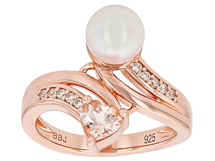White Cultured Japanese Akoya Pearl with Morganite & Zircon 18K Rose Gold Over Silver Ring 0.45ctw