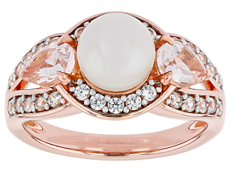 White Cultured Japanese Akoya Pearl, Morganite & Zircon 18K Rose Gold Over Silver Ring 1.24ctw