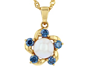 White Cultured Japanese Akoya Pearl with Moissanite 18K Yellow Over Silver Pendant/Chain 0.50ctw