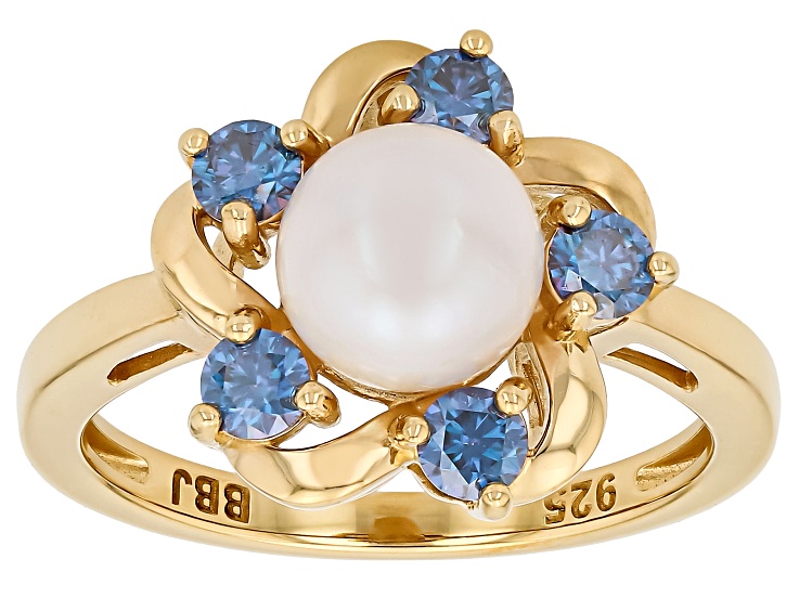 White Cultured Japanese Akoya Pearl with Blue Moissanite 18K Yellow Over Silver Ring 0.50ctw