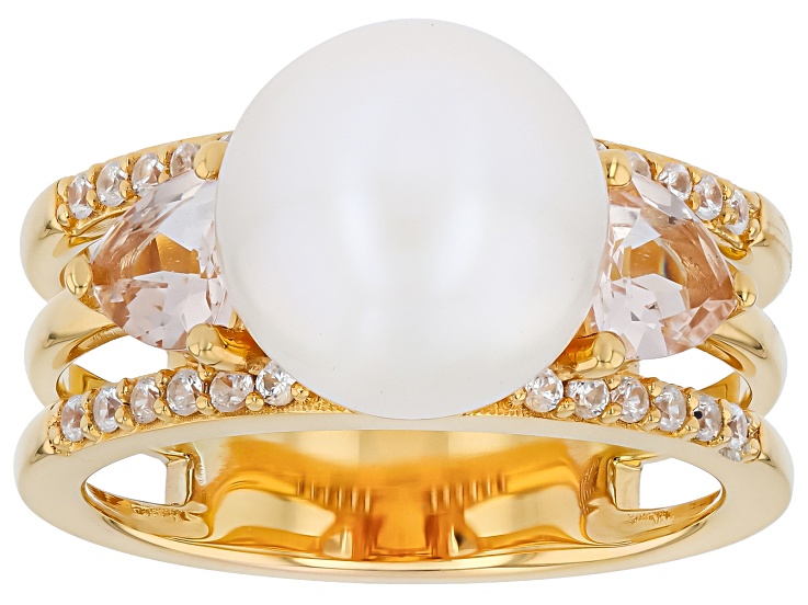 White Cultured Freshwater Pearl with Morganite & Zircon 18K Yellow Gold Over Silver Ring 0.89ctw