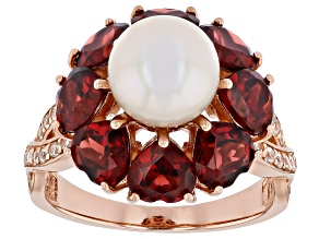 White Cultured Freshwater Pearl with Red Garnet and Zircon 18K Rose Gold Over Silver Ring 4.33ctw