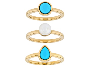 Picture of Genusis™ White Cultured Freshwater Pearl 18K Yellow Gold Over Silver Ring Set of 3