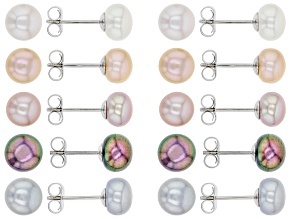 Multi-Color Cultured Freshwater Pearl Rhodium Over Sterling Silver Stud Earring Set of 10