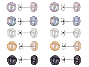 Multi-Color Cultured Freshwater Pearl Rhodium Over Sterling Silver Stud Earrings Set of 2