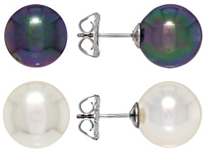Pearlfection® White South Sea & Peacock Simulant Rhodium Over Sterling Silver Earrings