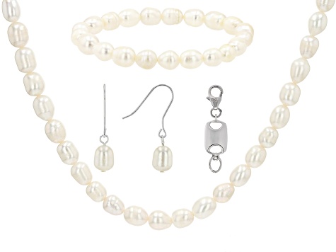 White Cultured Freshwater Pearl Sterling Silver Necklace, Bracelet