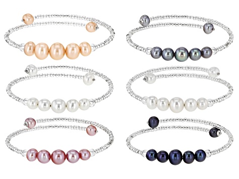Multi-Color Cultured Freshwater Pearl & Glass Bead & Sterling Silver Bangle Set