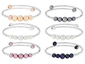 Multi-Color Cultured Freshwater Pearl & Glass Bead & Sterling Silver Bangle Set