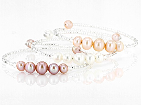 Multi-Color Cultured Freshwater Pearl & Glass Bead & Sterling Silver Bangle Set