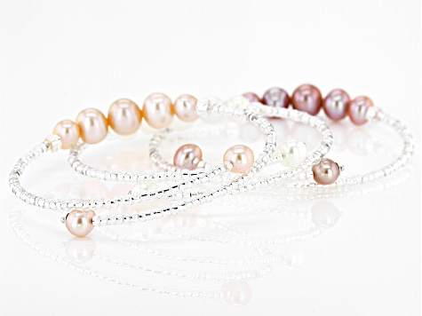 Multi-Color Cultured Freshwater Pearl & Glass Bead & Sterling Silver Bangle Set