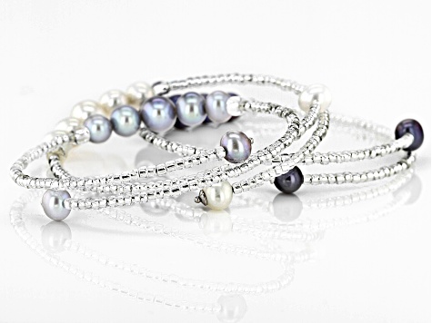Multi-Color Cultured Freshwater Pearl & Glass Bead & Sterling Silver Bangle Set
