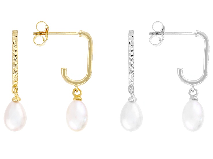 White Cultured Freshwater Pearl 14k Yellow Gold & Rhodium Over Sterling Silver Earrings Set Of 2