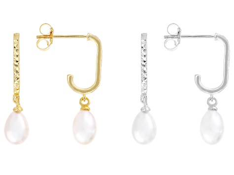White Cultured Freshwater Pearl 14k Yellow Gold & Rhodium Over Sterling Silver Earrings Set Of 2