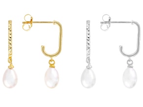 White Cultured Freshwater Pearl 14k Yellow Gold & Rhodium Over Sterling Silver Earrings Set Of 2