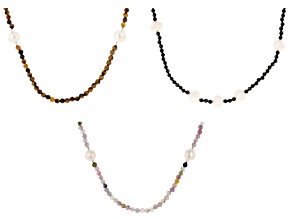 White Cultured Freshwater Pearl Tigers Eye, Tourmaline, & Spinel Rhodium Over Silver Necklace