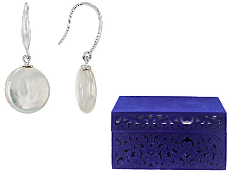 White Cultured Freshwater Pearl Sterling Silver Earrings With Blue Velvet Scroll Design Jewelry Box
