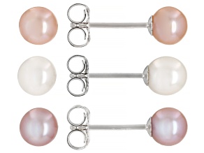 White, Pink, Lavender Cultured Freshwater Pearl Rhodium Over Sterling Silver Stud Earrings