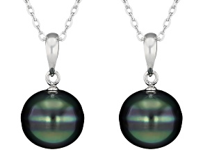 Cultured Tahitian Pearl Rhodium Over Sterling Silver Pendant With Chain Set of Two