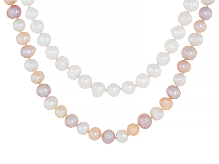 White & Multi-Color Cultured Freshwater Pearl Rhodium Over Silver 18" Strand Necklace Set of 2