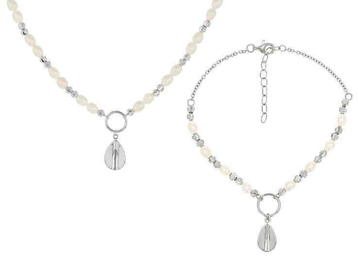 White Cultured Freshwater Bitsy Pearl Sterling Silver 17 Inch Necklace & Bracelet