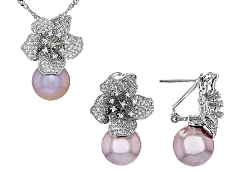 Genusisâ„¢ Pink Cultured Freshwater Pearl & Cubic Zirconia Rhodium Over Silver Pendant & Earrings