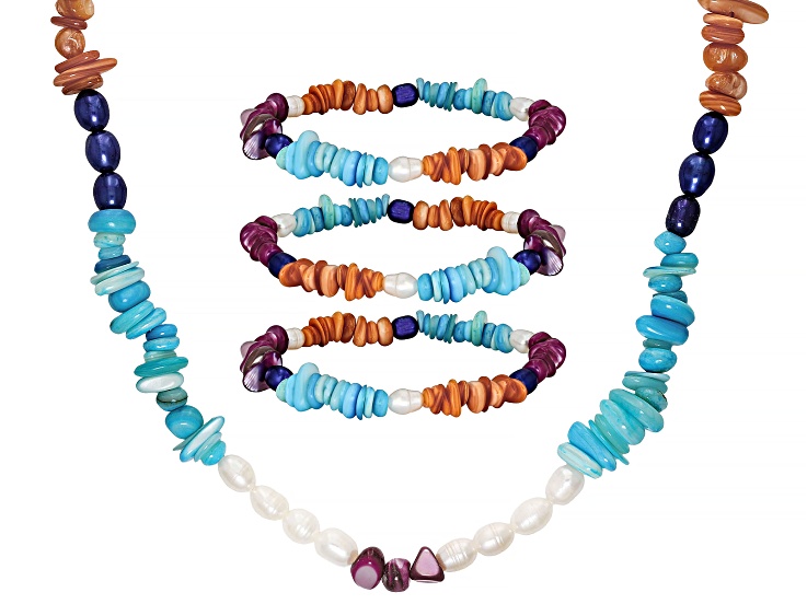 White & Blue Cultured Freshwater Pearl With Mother-of-Pearl 36 Inch Necklace & Bracelet Set Of 3