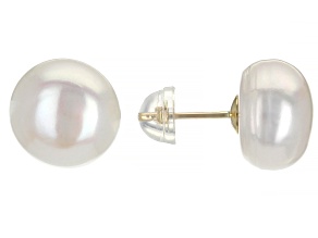 White Cultured Freshwater Pearls 10k Yellow Gold Stud Earrings 10-11mm